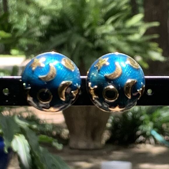 Kenneth Jane Lane (KJL) Earrings Celestial Enamel Blue & Gold Button Clip-Ons - Picture 4 of 11